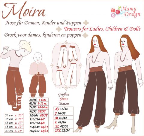E-Book MOIRA Damen, Mädchen, Baby, Puppe Schnittmuster und Nähanleitung für Pumphose, lange und Dreiviertel Hose